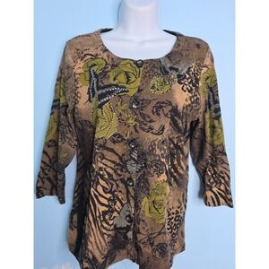 Womens Nature Butterfly Floral Print Scoop Neck 3/4 Sleeve Cotton Brown Top Sz S